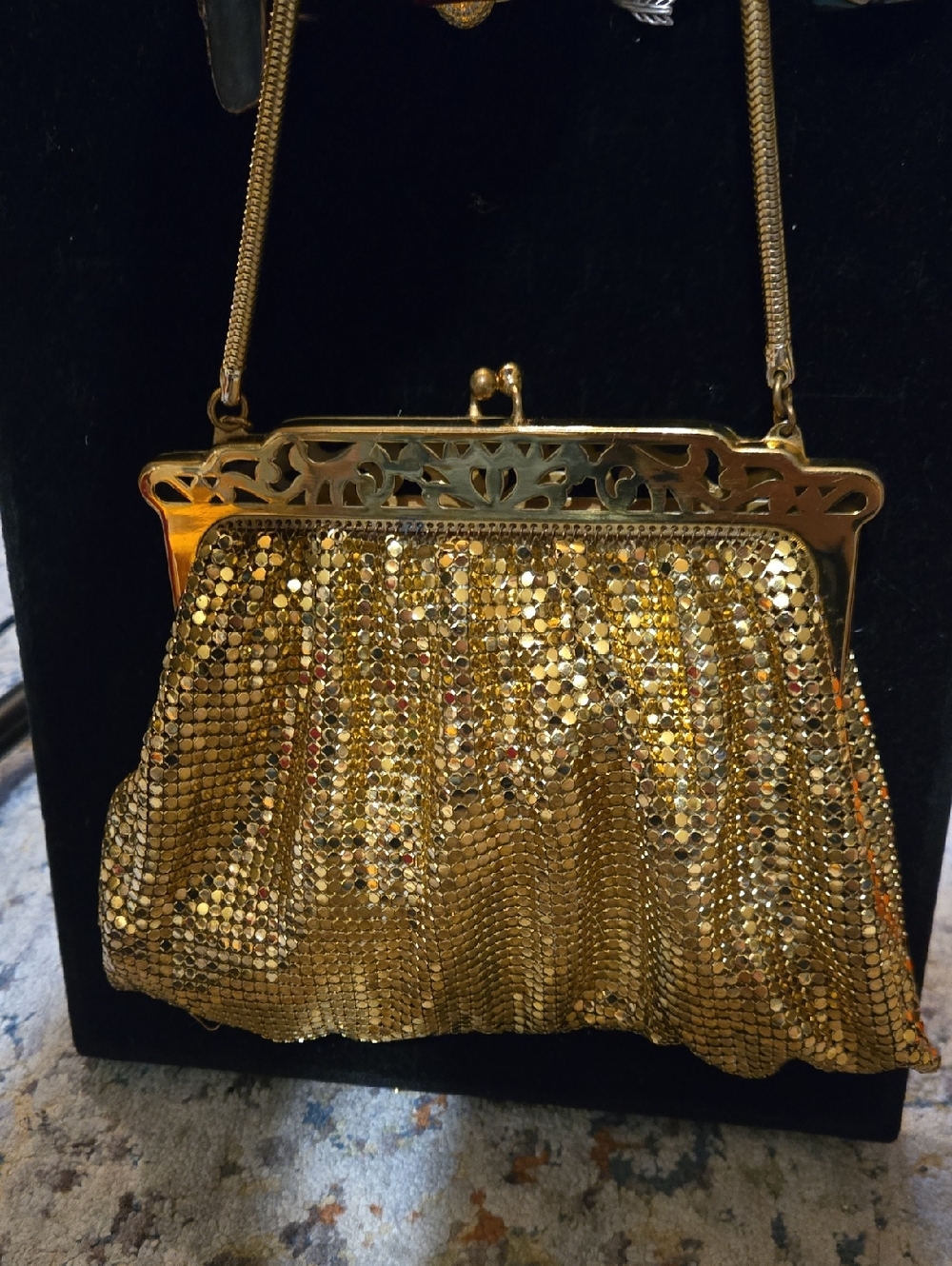 Whiting & Davis Gold Mesh Evening Bag‎ Crystal Clasp Vintage Purse